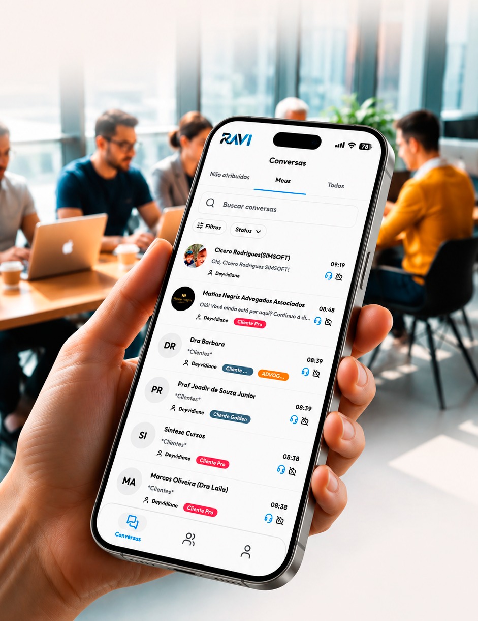 Aplicativo RaviCRM aberto no celular mostrando a lista de conversas do escritório